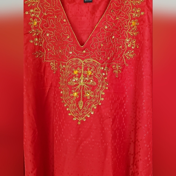 Asgro Red Textured Satin Kaftan with Gold Embroidery Boho Caftan Maxi Dress - Picture 2 of 9